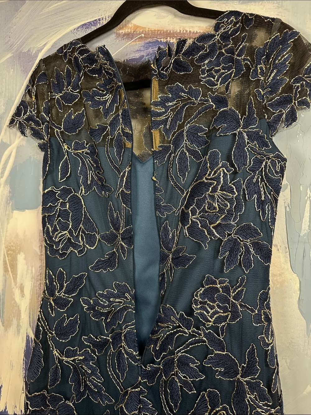 Tadashi Shoji Halona Dress Sz 4 Deep Teal Blue Green Floral Gold Lace SMALL 4 - Picture 3 of 13